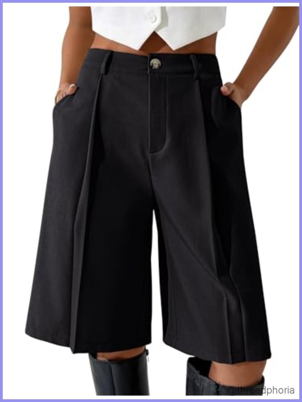 Bermuda Shorts Knee Length Dressy Casual Wide Leg Pleated Mid Rise